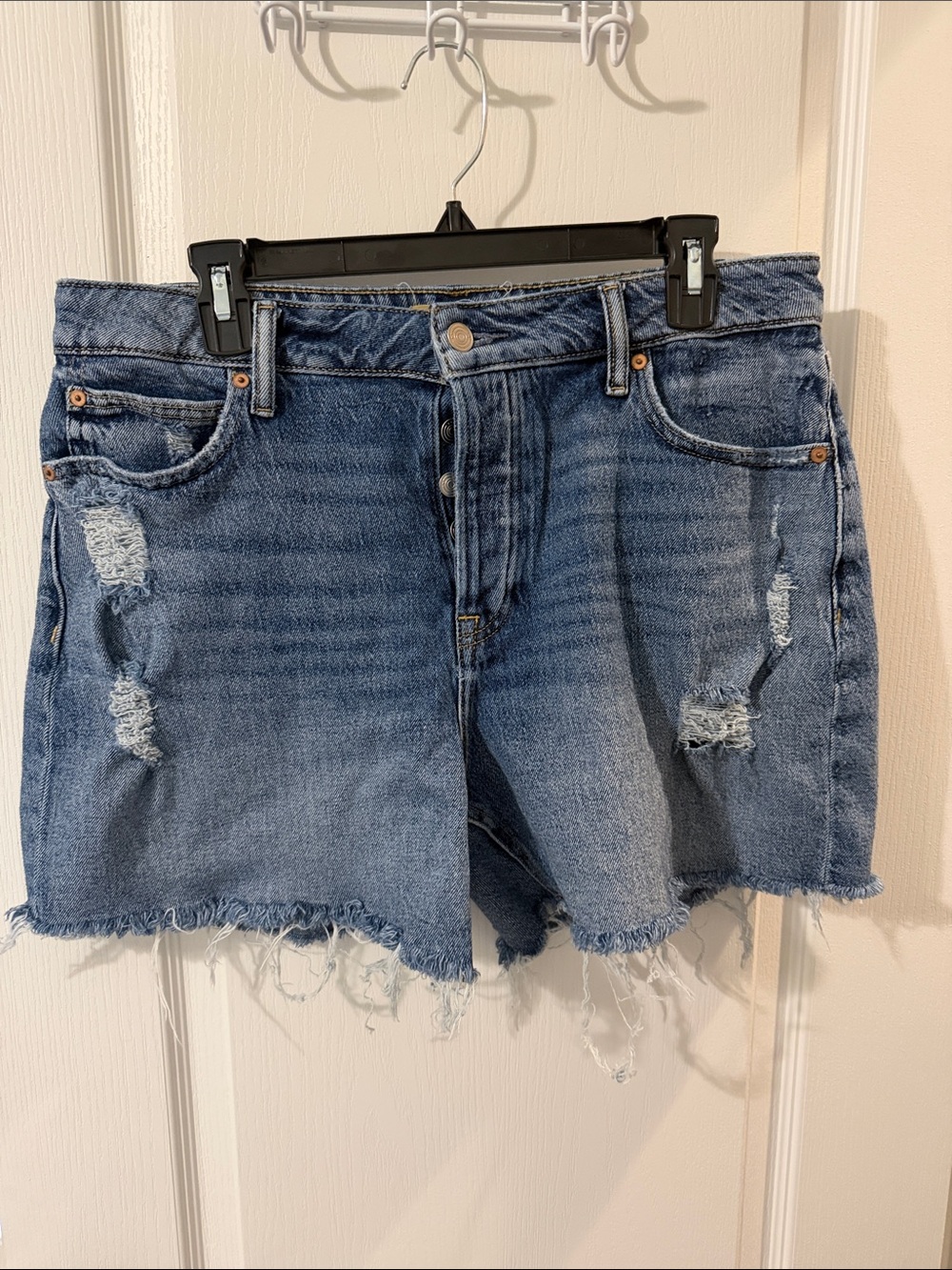 Maurices Distressed Blue Denim Shorts with Frayed Hem